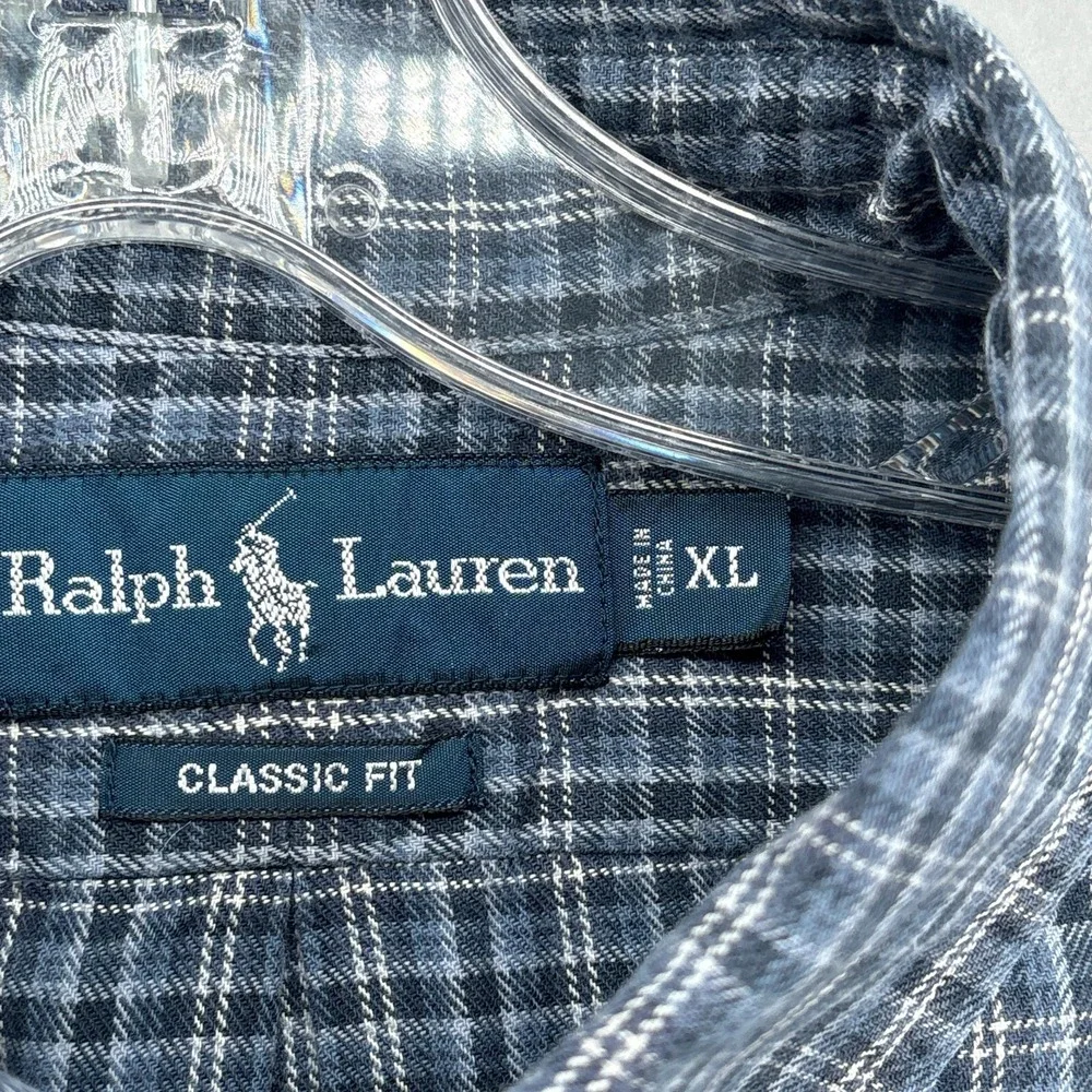 Ralph Lauren Shirt Mens XL Blue Plaid Button Down Long Sleeve 90s Vintage